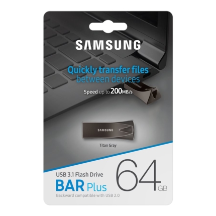 SAMSUNG BAR Plus USB flash drive Type-A 64GB 300 MB/s read 110 MB/s write resistant USB 3.1 Titan Gray with key ring