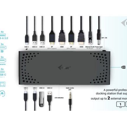 I-TEC USB 3.0/USB-C/Thunderbolt 3 Dualdock 1x5K 2x4K 60Hz 2xDP 2xHDMI 1xGLAN 4xUSB 3.2 2xUSB-C 3.2 Gen.2 1xAudio/Mic Jack PD 100W KL