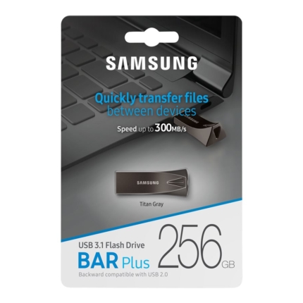 SAMSUNG BAR Plus USB flash drive Type-A 256GB 400 MB/s read 110 MB/s write resistant USB 3.1 Titan Gray with key ring