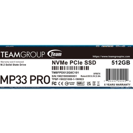 TEAM GROUP MP33 Pro 512GB PCIe Gen3 x4 NVMe M.2 SSD 2100/1700 MB/s